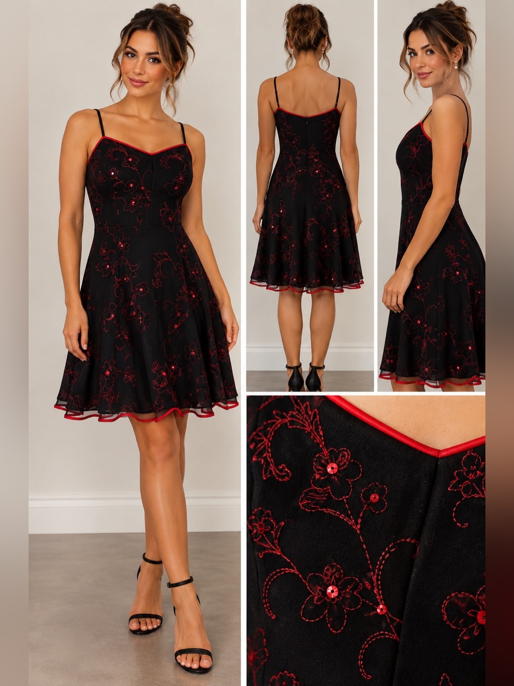 * Black Red Floral Sequin Spaghetti Strap Party Cocktail Mini Dress